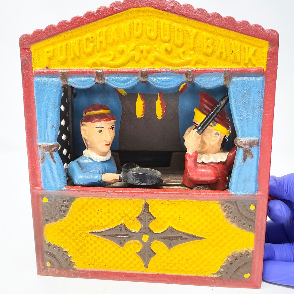 Vintage Punch and Judy Cast Iron Mechanical Bank Working Reproduction